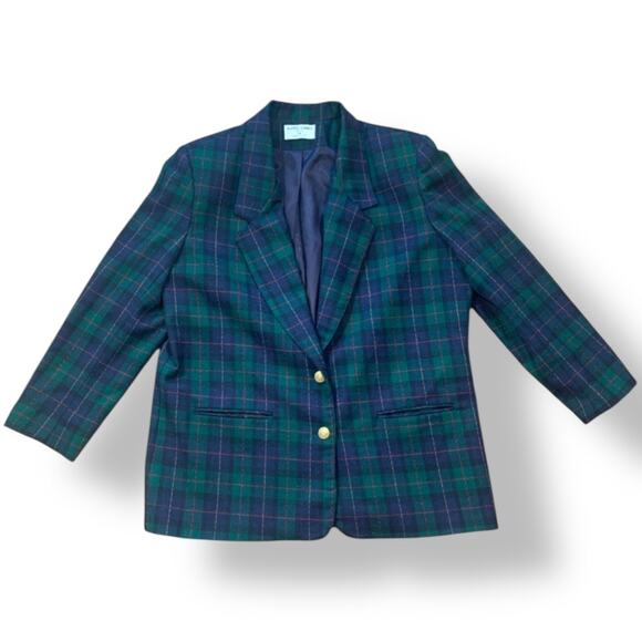 Vintage 90s Petite Green Navy Blue Plaid Wool Blazer Jacket Gold Buttons Preppy - Picture 4 of 11